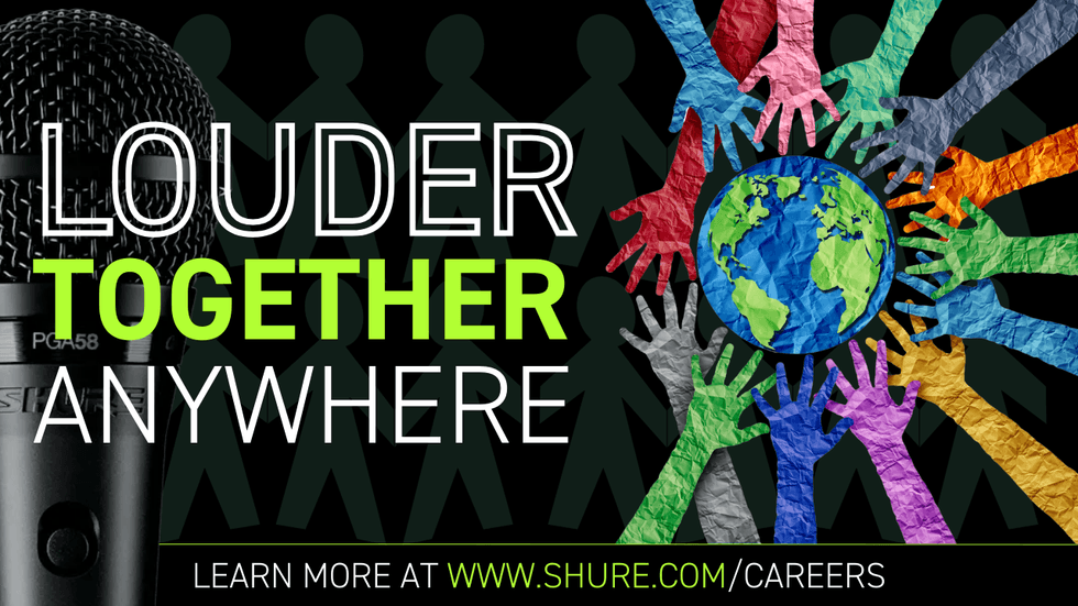 Promotional graphic from Shure reading \u201cLouder Together Anywhere,\u201d featuring a microphone, colorful hands reaching toward a globe, and messaging about global collaboration and careers at Shure.