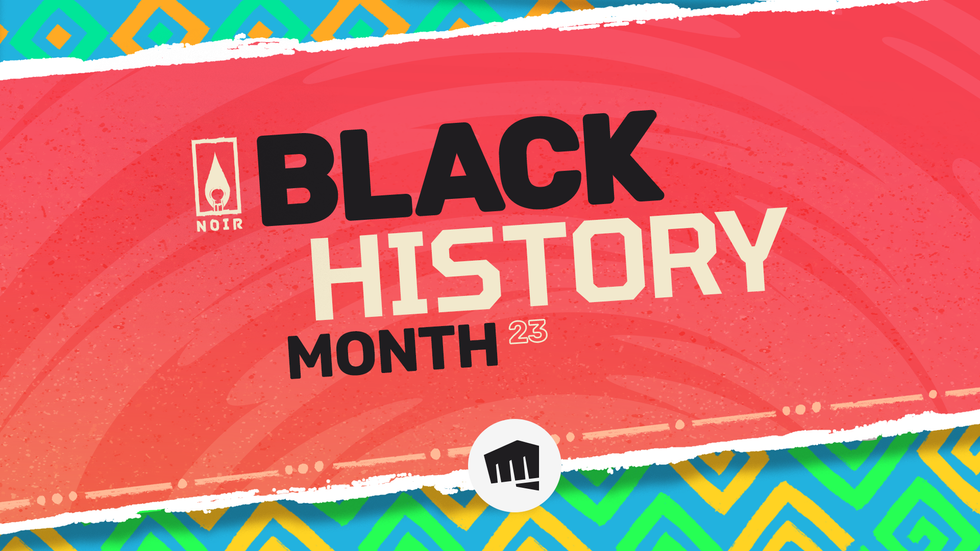 Riot Games logo and Riot Games Noir logo on a colorful background with text that says Black History Month 23