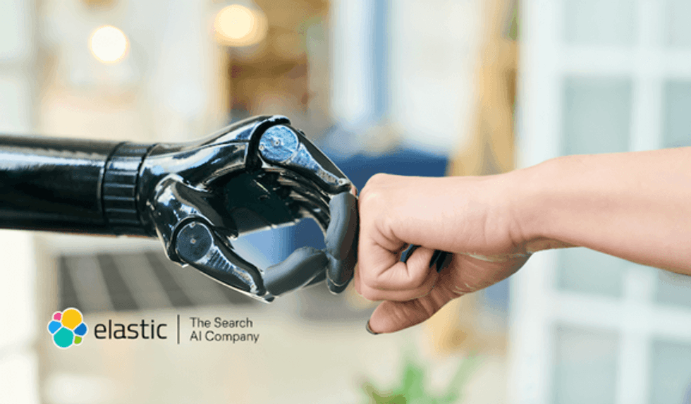 Robotic hand and human fist bump representing human-centered AI collaboration, branded with Elastic logo.
