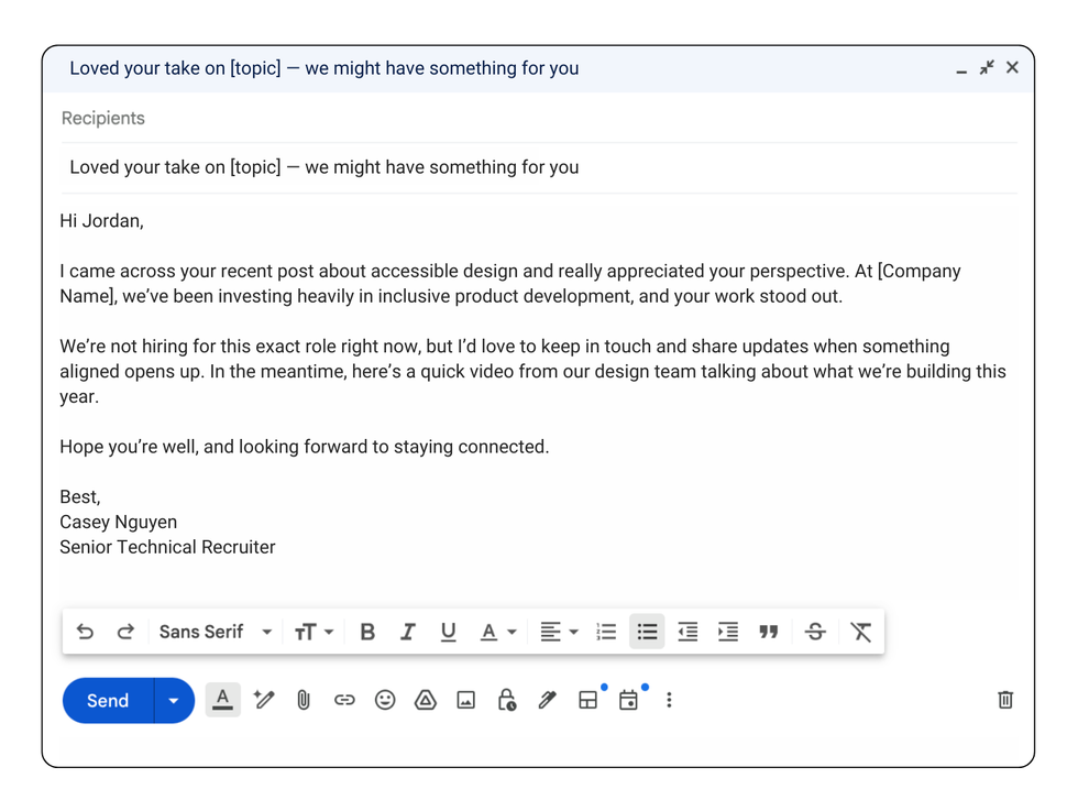 Sample email a recruiter would send to a candidate to keep them \u201cwarm.\u201d