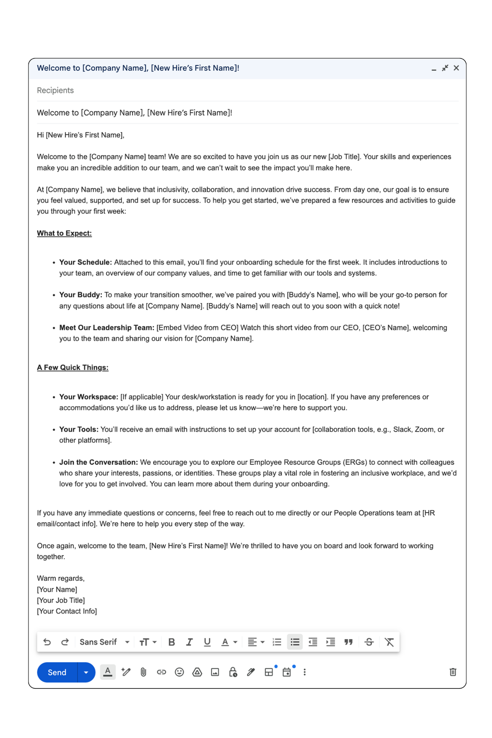 Sample onboarding email to welcome a new hire to the team