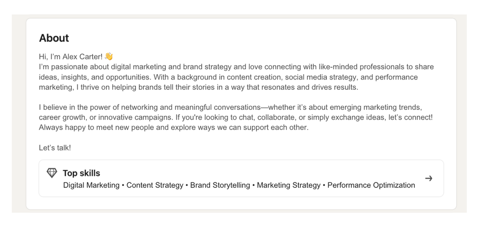 Screenshot of a detailed "About" section on LinkedIn