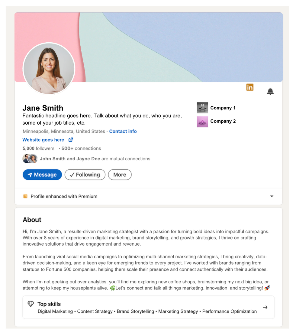 Screenshot of a detailed LinkedIn profile with a professional headshot