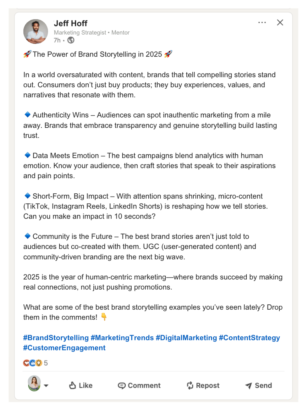 Screenshot of an insightful post on LinkedIn about brand storytelling and marketing trends.