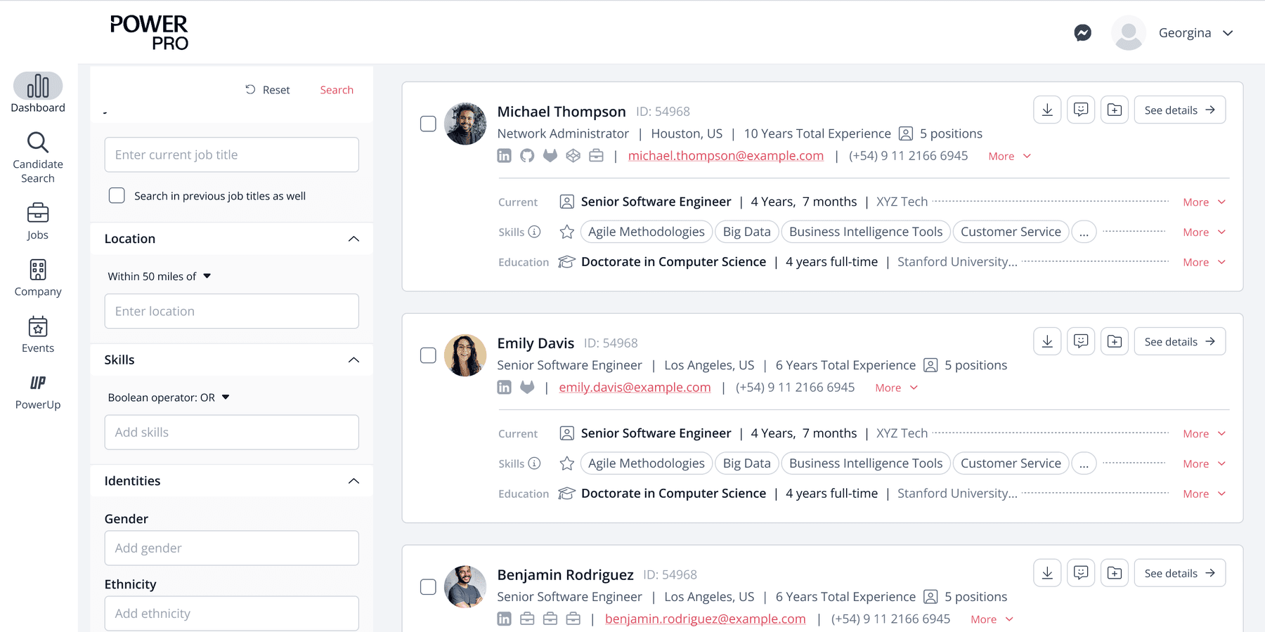 Screenshot of PowerToFly's PowerPro product showcasing the platform's candidate search feature.