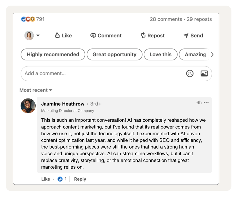 Screenshot of someone engaging with another person's post on LinkedIn