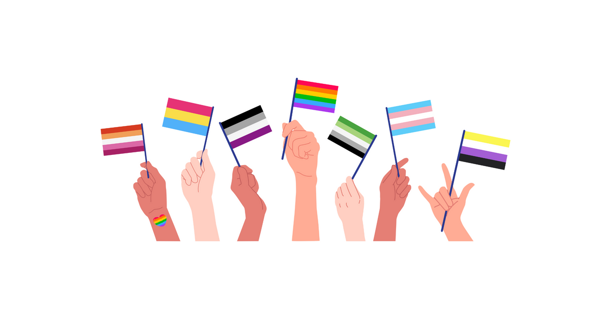 Seven different hands with different skin tones holding up various Pride flags