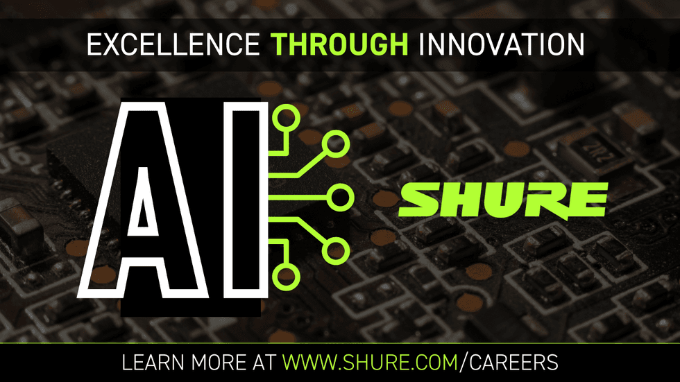 Shure AI promotional graphic with circuit board background and text highlighting innovation and AI careers.