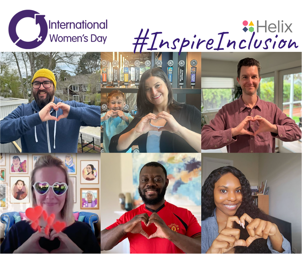Six different images of women and allies at Helix making heart shapes with their hands