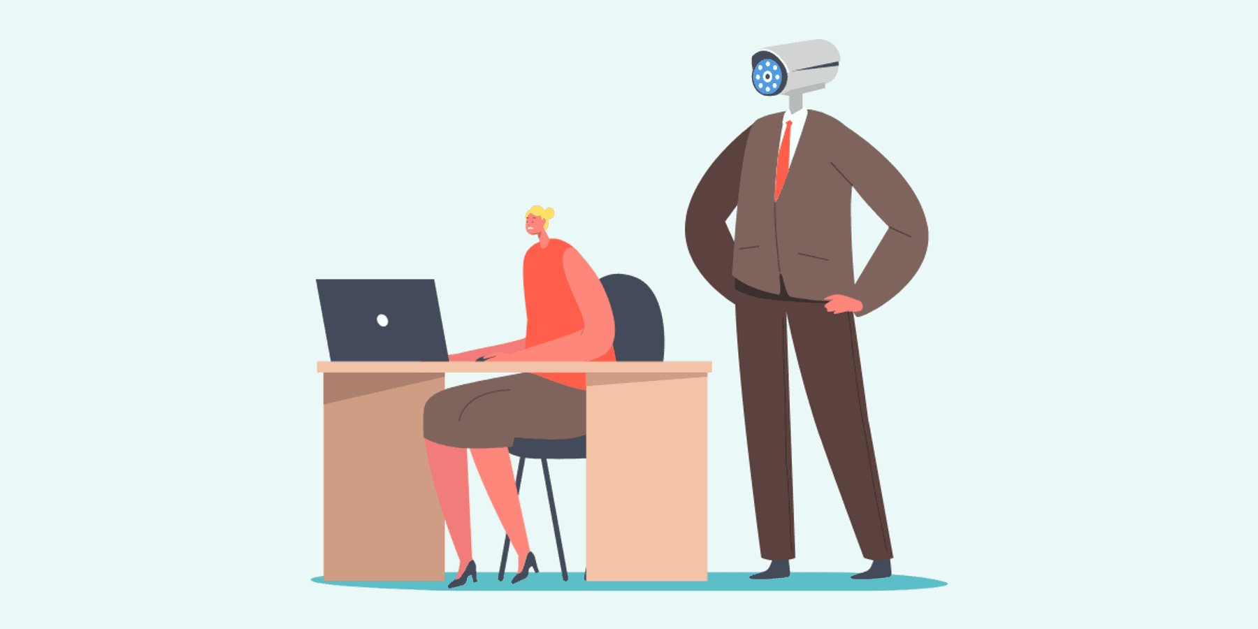 Stylized cartoon drawing where a leadership figure with a security camera for a head lurks over the shoulder of an employee.