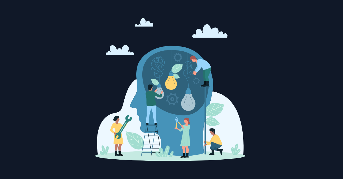 Stylized cartoon of several people constructing gears and lightbulbs in a giant blue head sprouting from the ground.