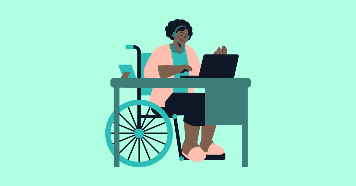 Stylized drawing of a woman in a wheelchair seated at a desk with a laptop, wearing a headset and having a conversation with someone on the screen