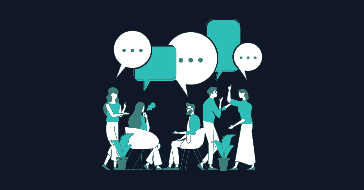 Stylized drawing of many people sitting and talking with empty speech bubbles overlapping each other.