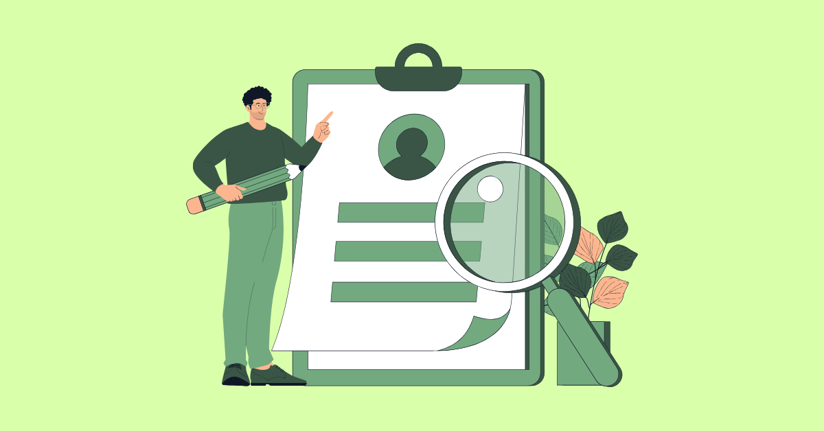 Stylized figure in an all-green toned image standing in front of a larger-than-life clipboard with a magnifying glass, holding a pencil. 