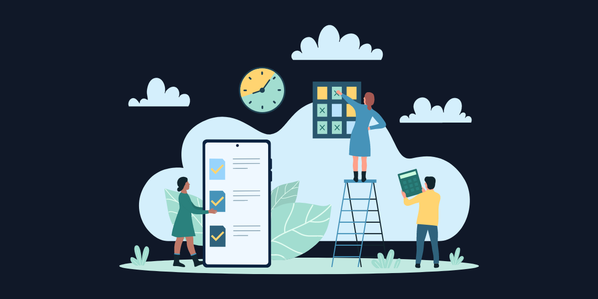 Stylized figures interacting with floating business elements like a calculator, clock, digital checklist, and calendar. One figure stands on a step ladder.