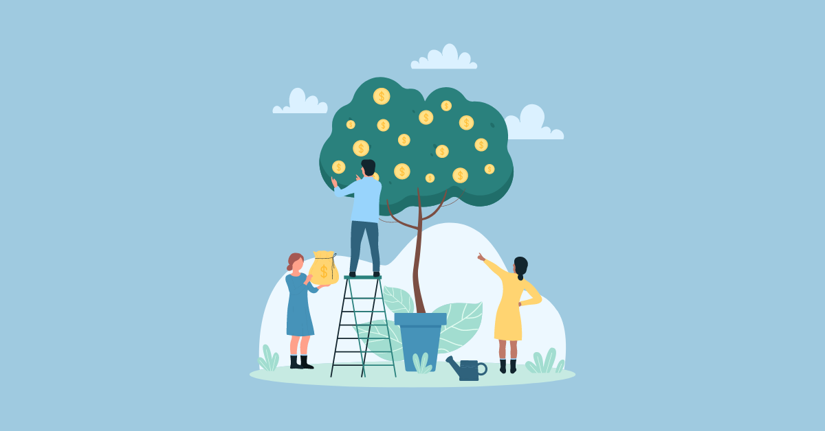 Stylized image of several people gathered around a tree that is growing money, gathering from a ladder and into a money bag.