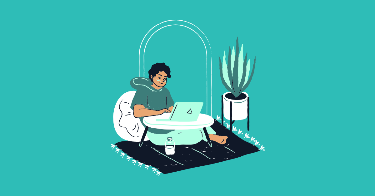 Stylized image of someone seated on a beanbag, working comfortably on a laptop in a living space with a plant and a beverage.