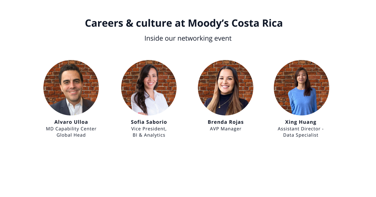 The heading "Careers & culture at Moody's Costa Rica, Inside our networking event" with headshots of Alvaro Ulloa, Sofia Saborio, Brenda Rojas, and Xing Huang