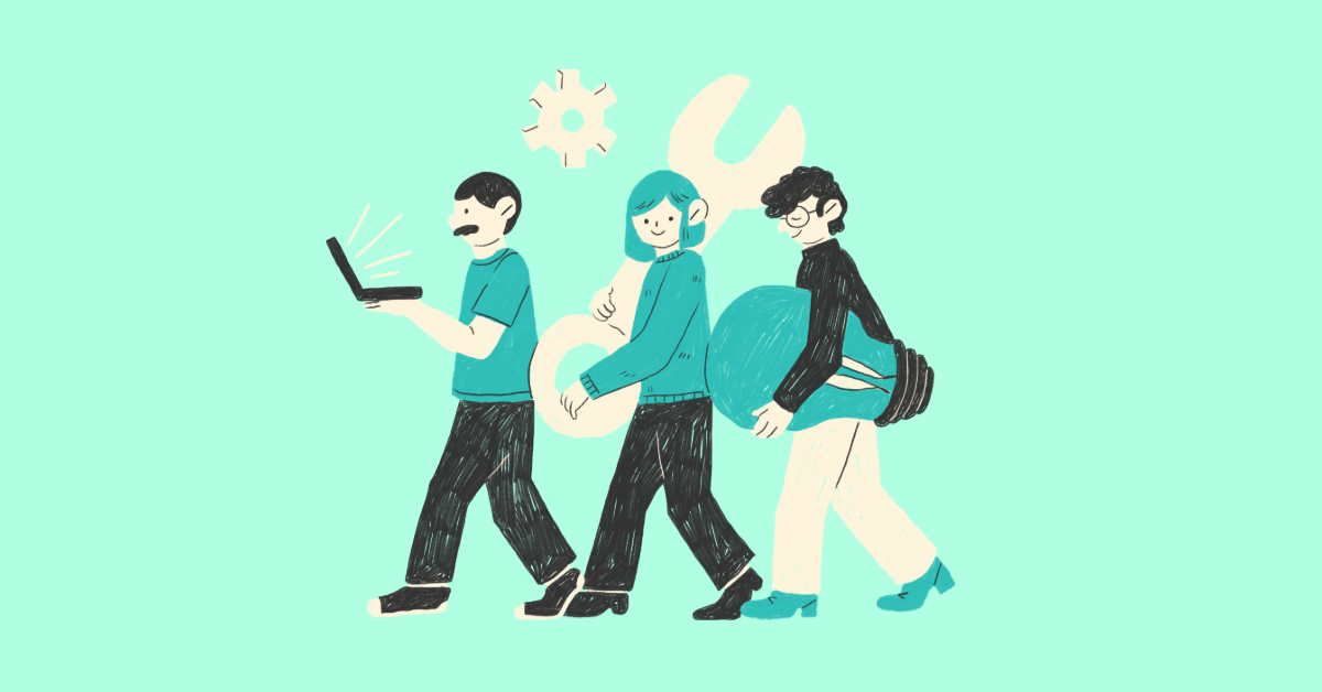 Three hand-drawn figures stand in a line walking together, carrying a laptop, an oversized wrench and an oversized lightbulb.