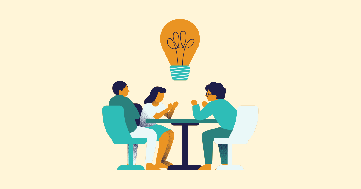 Three illustrated figures sit around a round table on a light yellow background with a large stylized lightbulb above their heads.