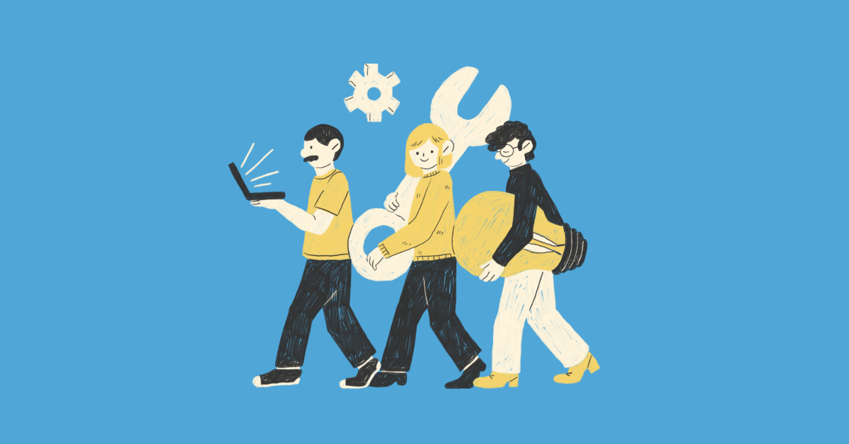 Three illustrated figures walk on a bright blue background each carrying a tool, one a laptop, one an oversized wrench, one an oversized lightbulb.