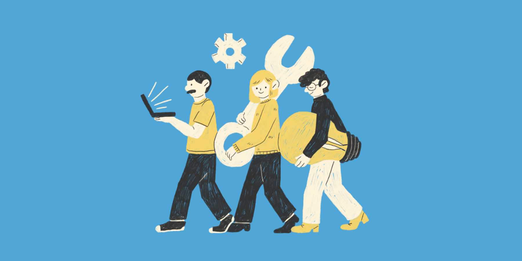 Three illustrated figures walk on a bright blue background each carrying a tool, one a laptop, one an oversized wrench, one an oversized lightbulb.