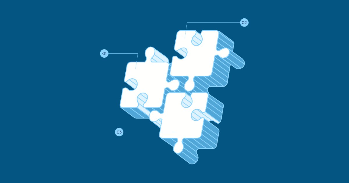 Three illustrated puzzle pieces almost connected float on a blue background, drawn in 3-D like a blueprint with three small icon circles numbering them one through three.