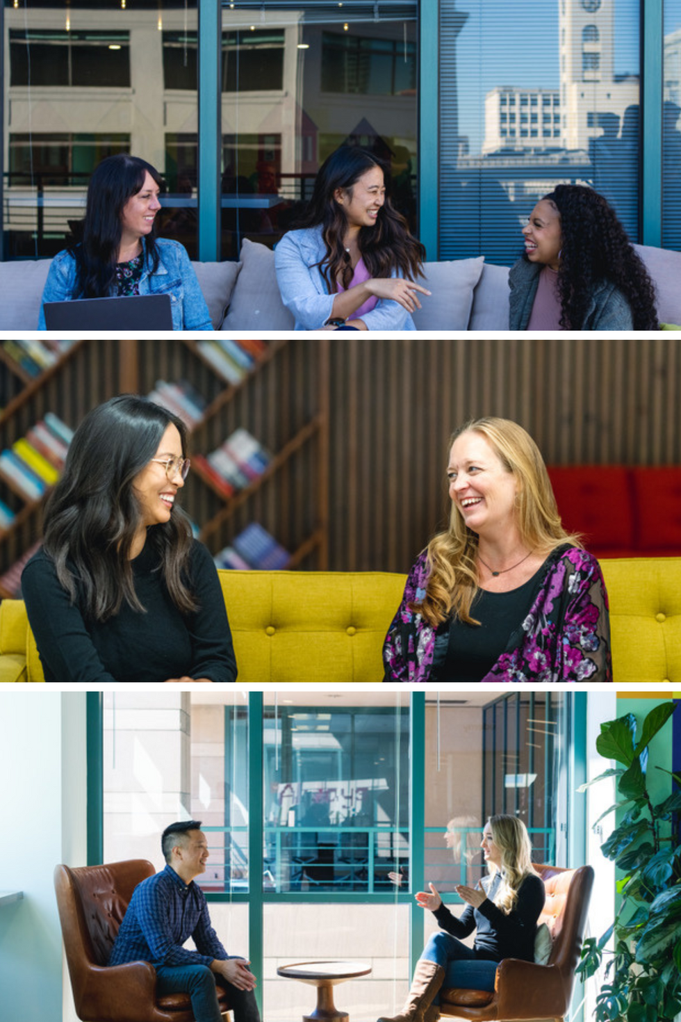 Three images showing various teammates talking in the the Udemy offices