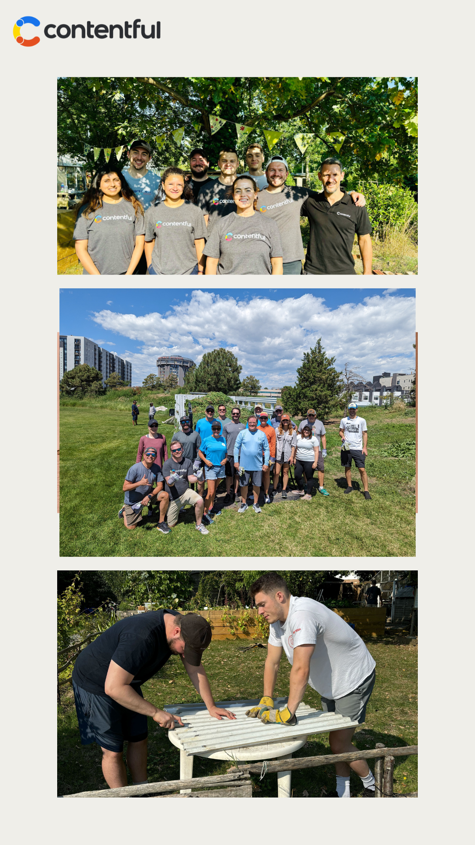 Three photos of Contentful employees volunteering outside