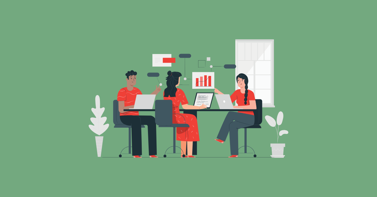 Three team members sit at a stylized table on a green background working on laptops. Graphs and other icons float between them, suggesting synergy and teamwork.