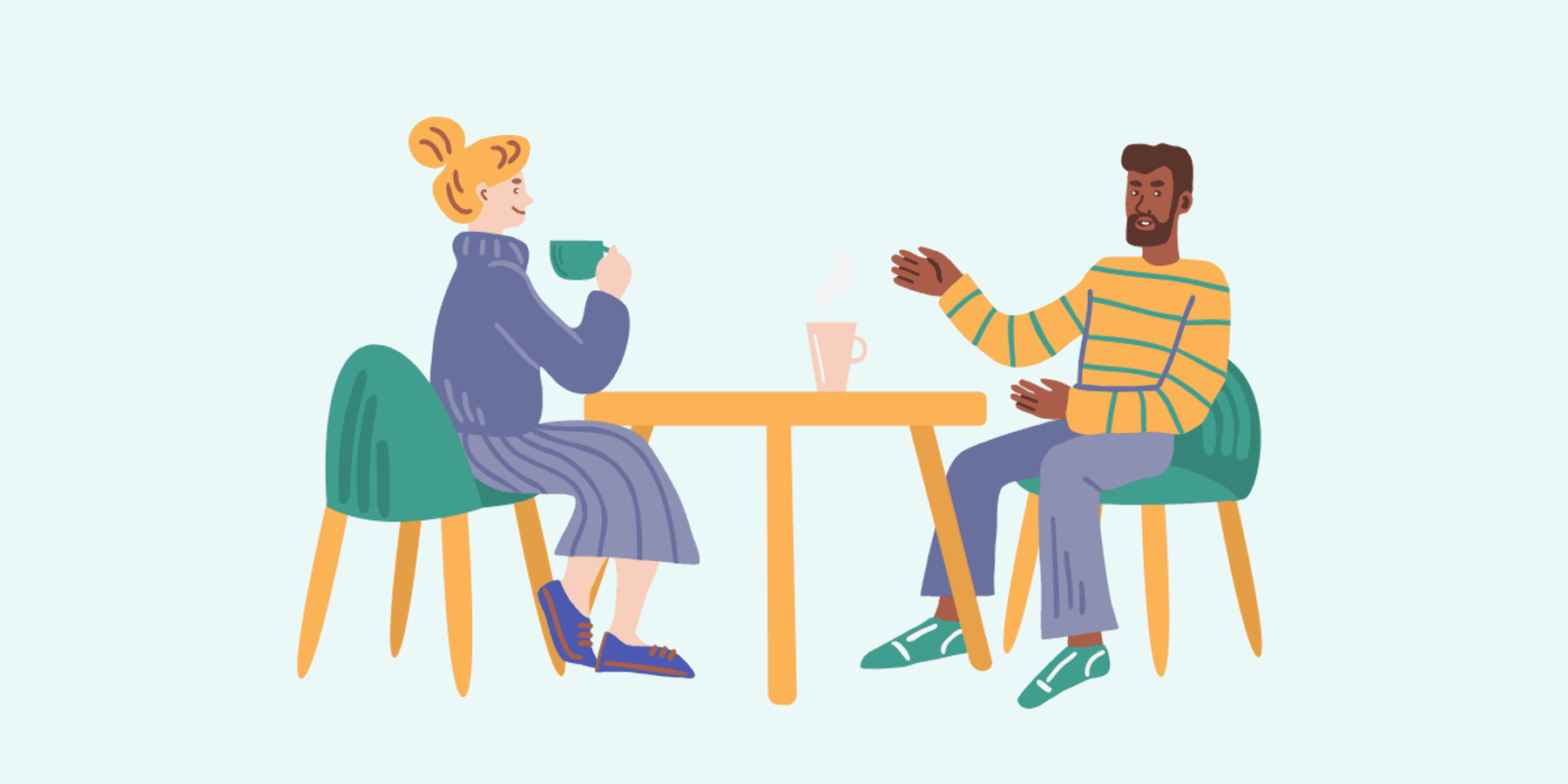 Two cartoon people talking as mentor and mentee