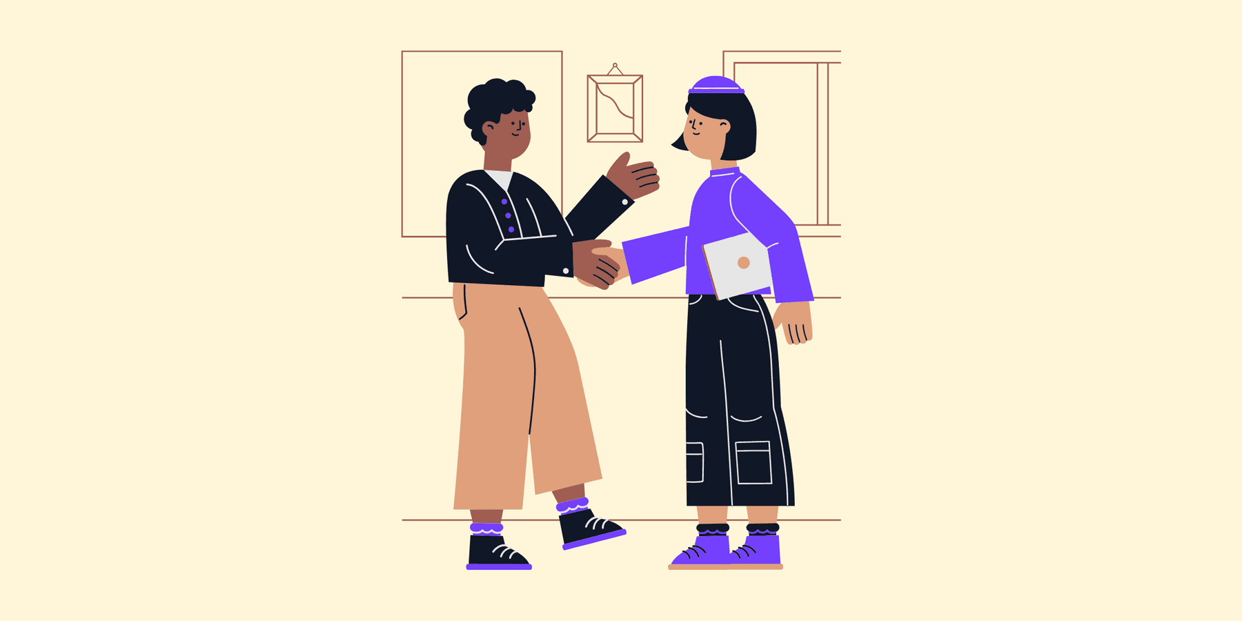 Two cartoon professionals shaking hands at a networking event