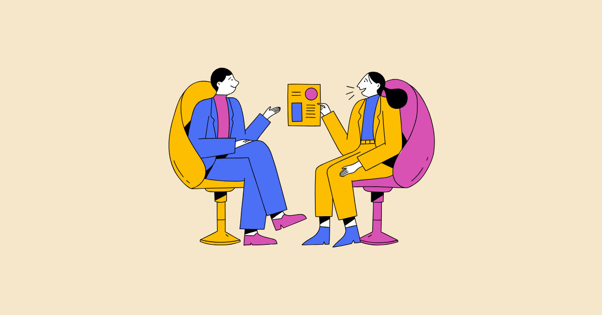 Two illustrated figures sit in chairs across from each other, one holding a resume.