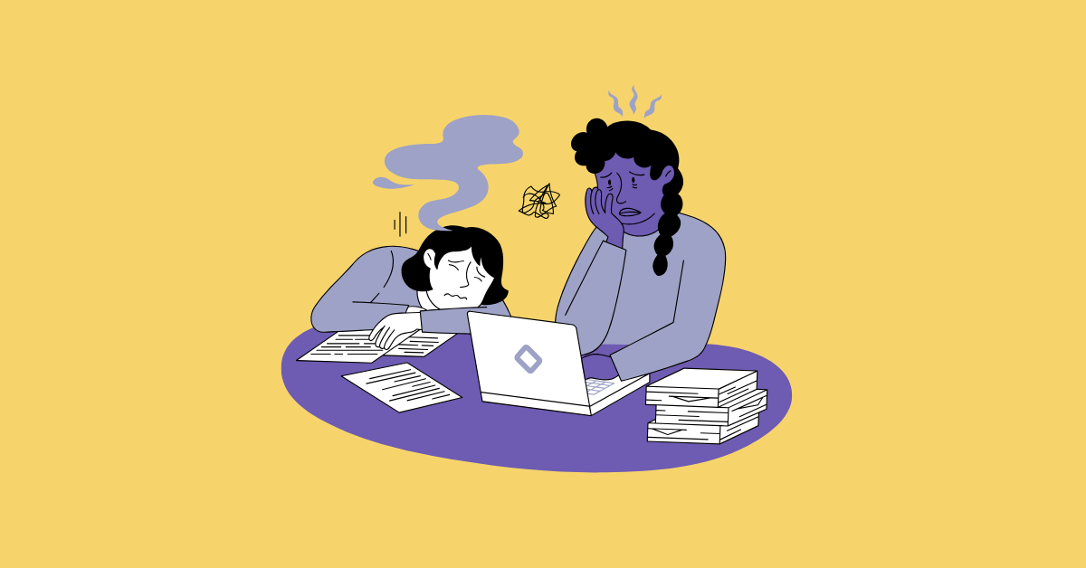 Two illustrated figures sit in front of a laptop with stacks of paper. Both figures are clearly distressed with burnt out expressions.