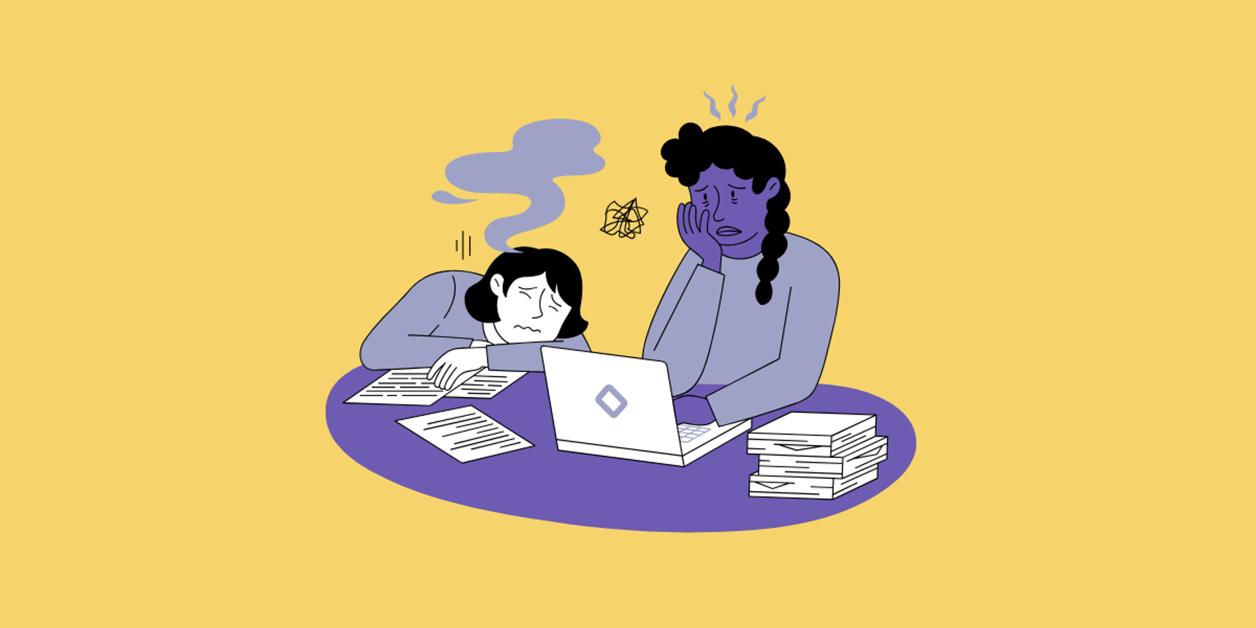 Two illustrated figures sit in front of a laptop with stacks of paper. Both figures are clearly distressed with burnt out expressions.