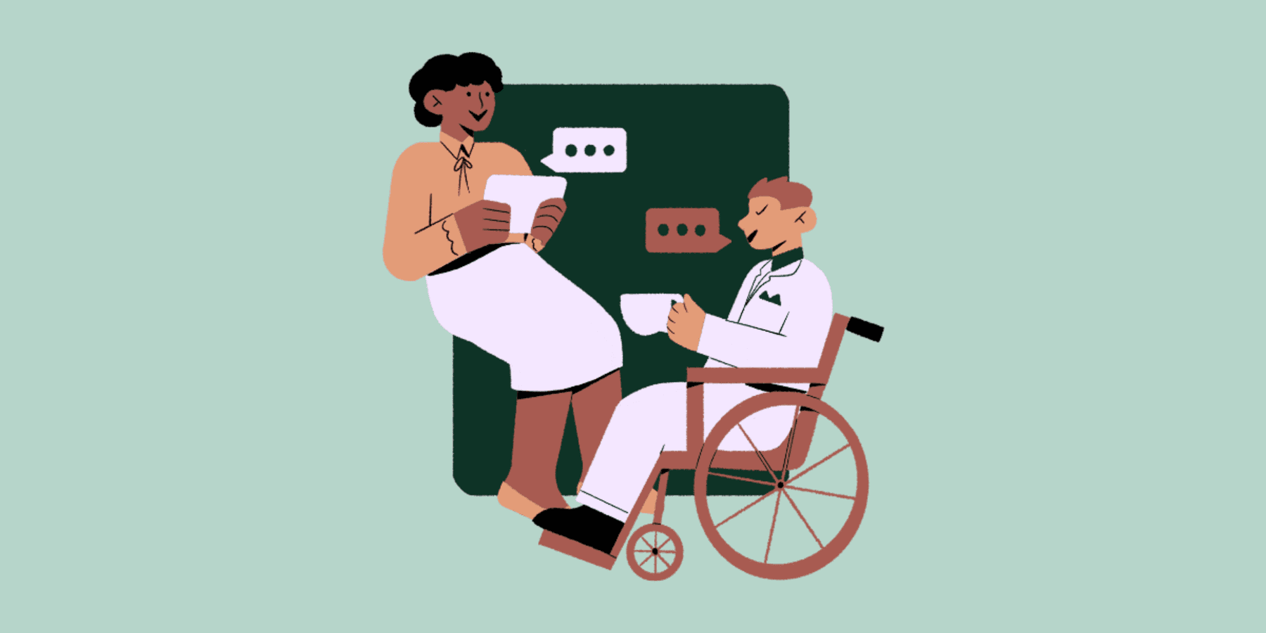 Two illustrated people sit talking, one in a wheelchair, one perched on a desk with a tablet, on a light green background.