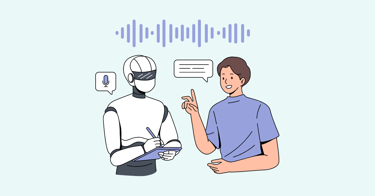 Two stylized figures are talking, one is a robot with a tablet and the other human with a speech bubble.