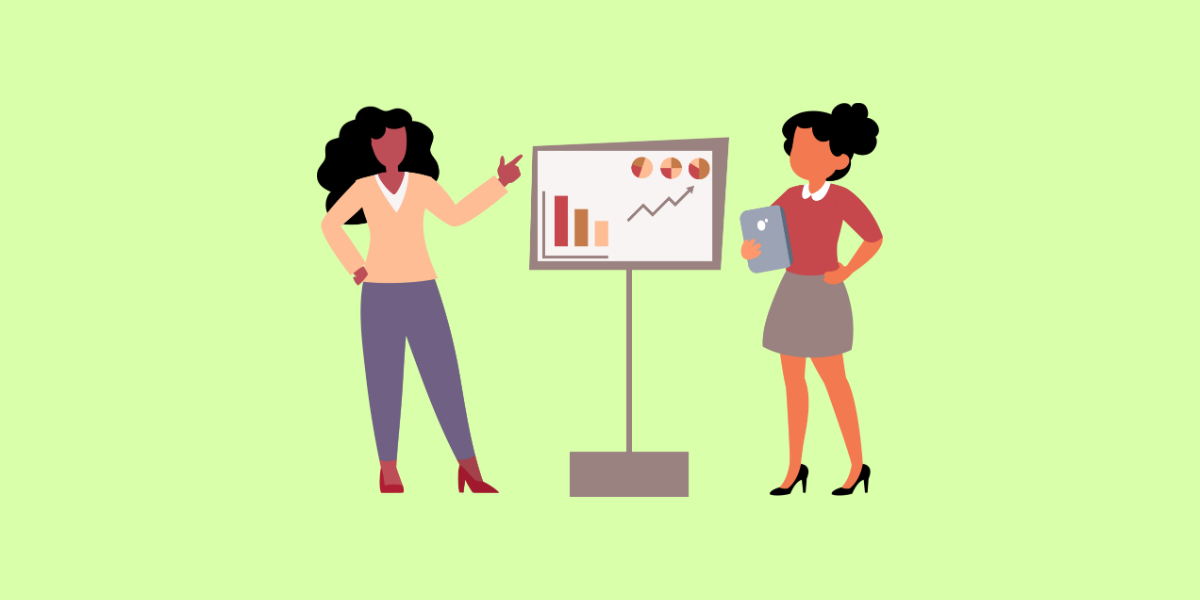 Two women stand beside a presentation board displaying bar and pie charts. One woman gestures toward the data while the other holds a tablet and listens. The background is light green, and the style is flat and minimalist.