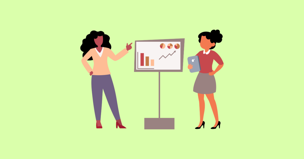 Two women stand beside a presentation board displaying bar and pie charts. One woman gestures toward the data while the other holds a tablet and listens. The background is light green, and the style is flat and minimalist.
