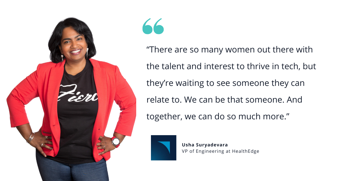 Usha Suryadevara standing beside a quote: Blog publish this: https://docs.google.com/document/d/1dSbcyZ9jgP0dJqW-Kx86EwRFfMP28eMDqWoa7EGccxQ/edit?tab=t.0#heading=h.5t22e7o3r18n “There are so many women out there with the talent and interest to thrive in tech, but they’re waiting to see someone they can relate to. We can be that someone. And together, we can do so much more.”