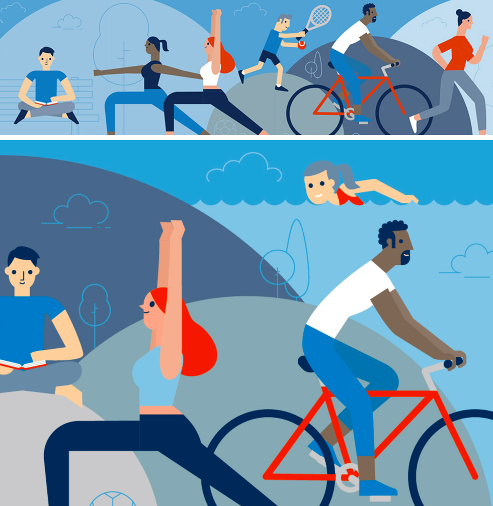 Various graphics of people doing extracurricular activities like biking, swimming, reading, and yoga