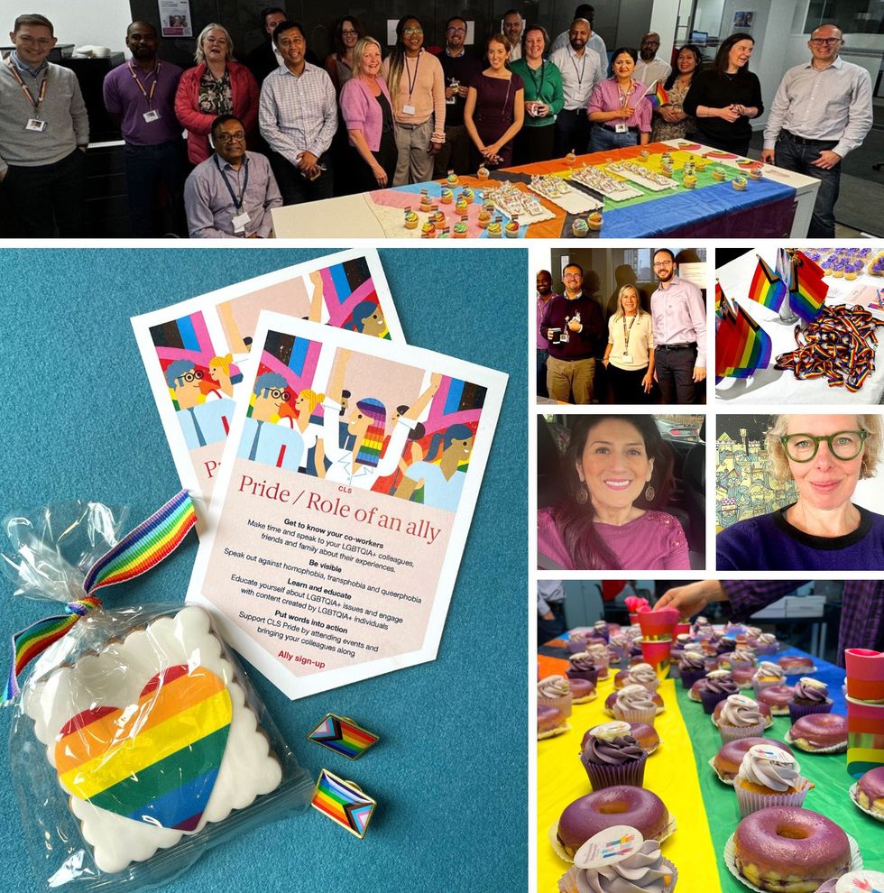 Various images from CLS' pride celebrations, including Pride-themed desserts.