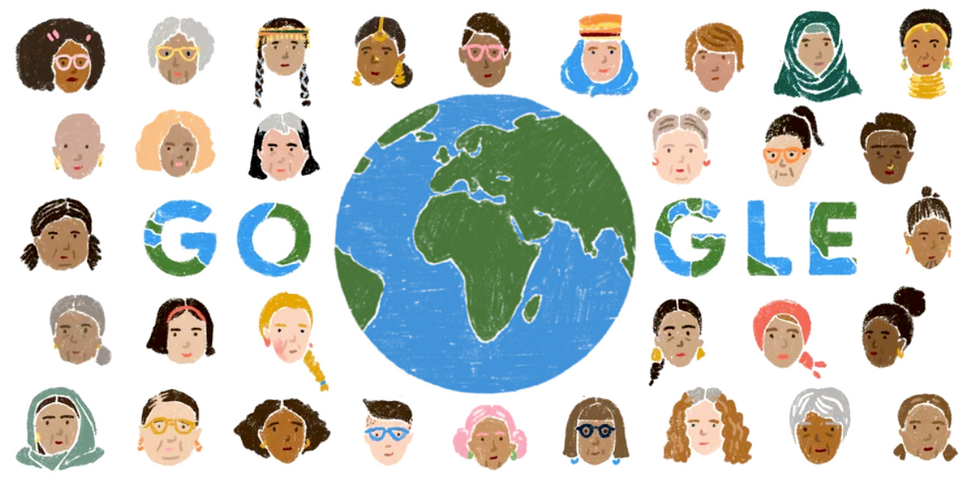 Various women graphic faces surrounding a globe with the text "Google" in the middle 