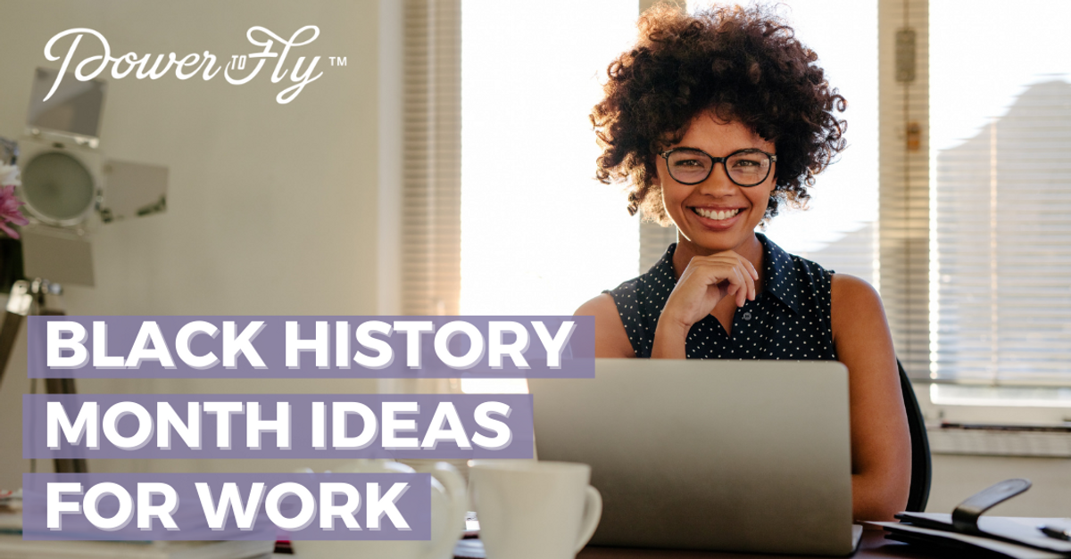 White text on a purple background that reads, Black History Month Ideas for Work. A woman is smiling sitting at her computer loooking for Black History Month ideas for work .