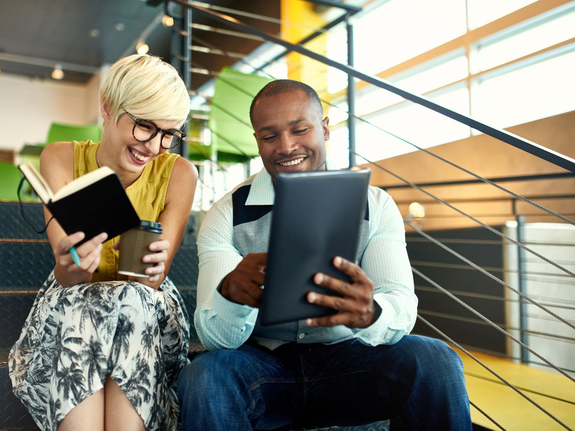 Woman and man sharing ideas and collaborating