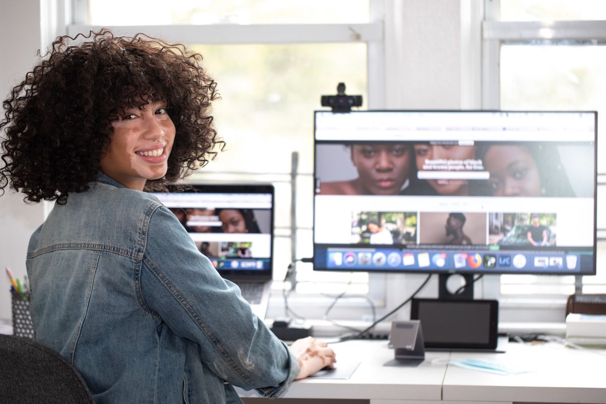 Woman at computer in home office