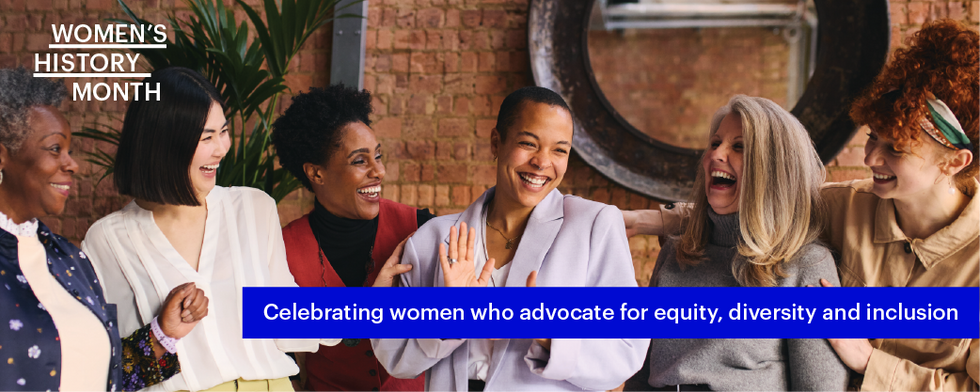 Women laughing with a text square saying: Celebrating women who advocate for equity, diversity and inclusion