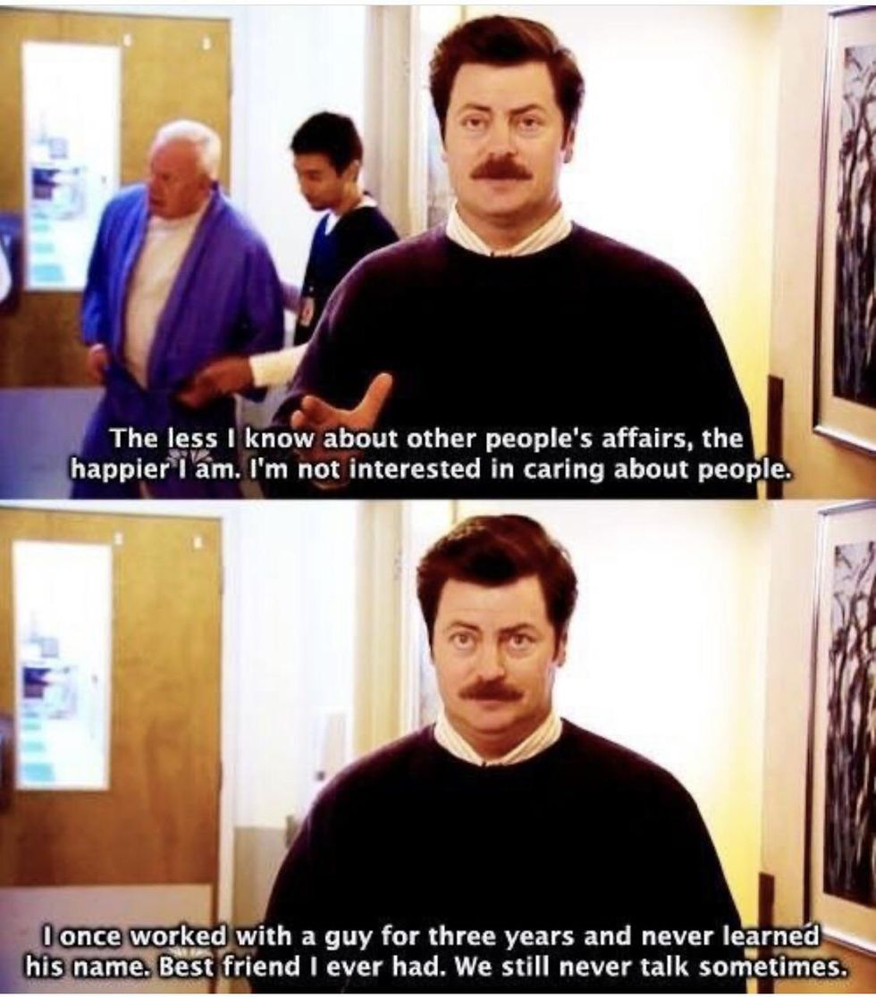 Work from home meme featuring Ron Swanson, with a quote: The less I know about other people's affairs, the happier I am. I'm not interested in caring about people. I once worked with a guy for three years and never learned his name. Best friend I ever had. We still never talk sometimes.