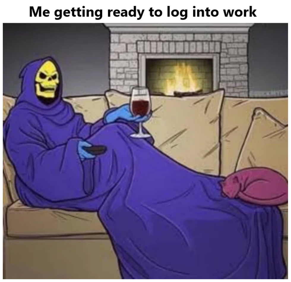 work from home meme featuring skeletor on couch with glass of wine, captioned "me getting ready to log into work"