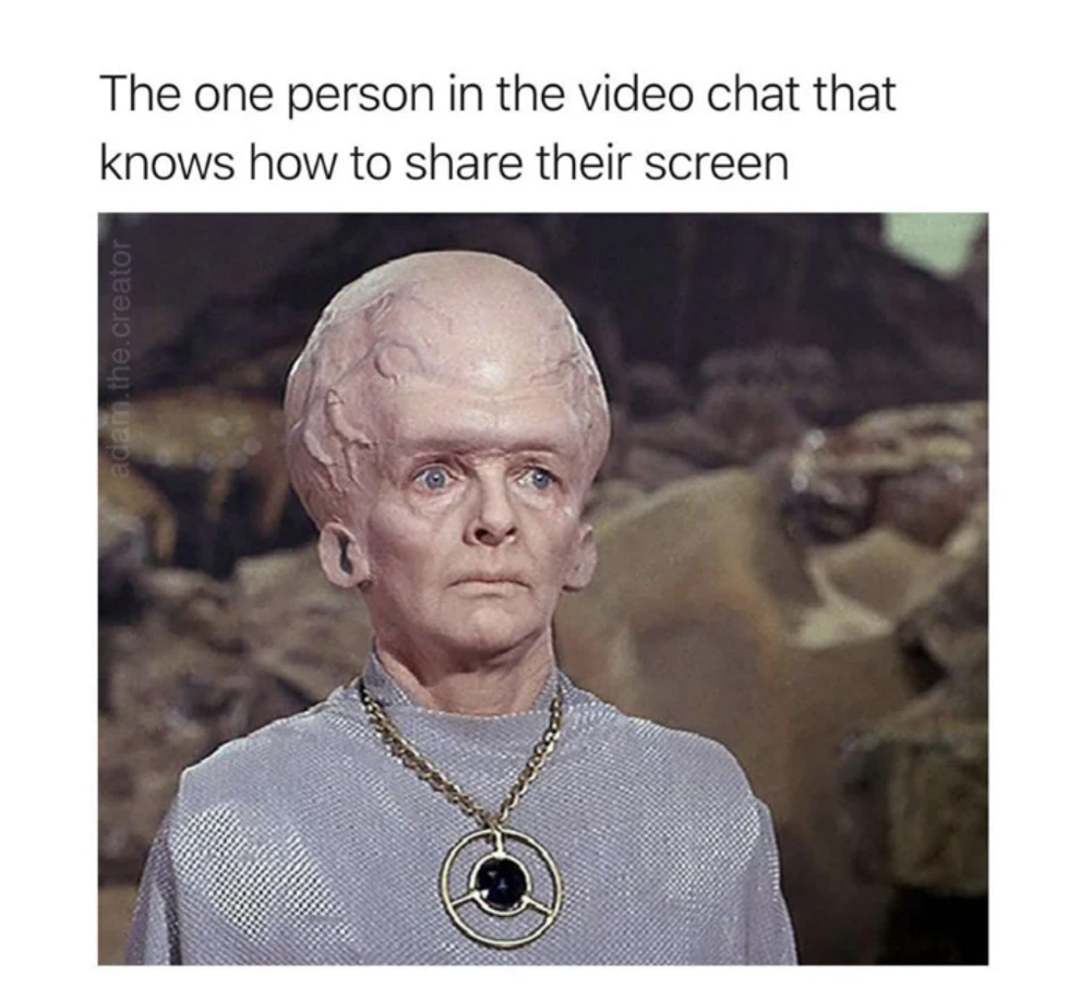 Work from home meme featuring the big brain on Brad: image of an alien with a very large head and caption saying, "the one person in the video chat that know how to share their screen"